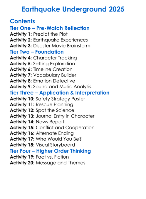 Earthquake Underground 2025 Worksheet Activity Booklet