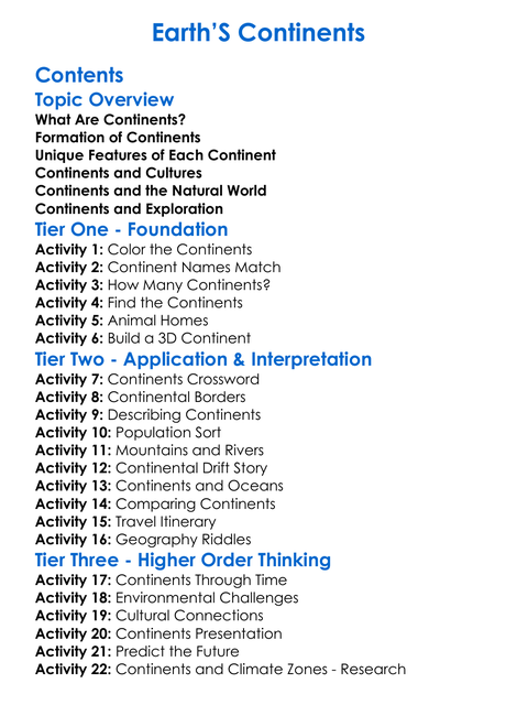 Earths Continents Worksheet Activity Booklet