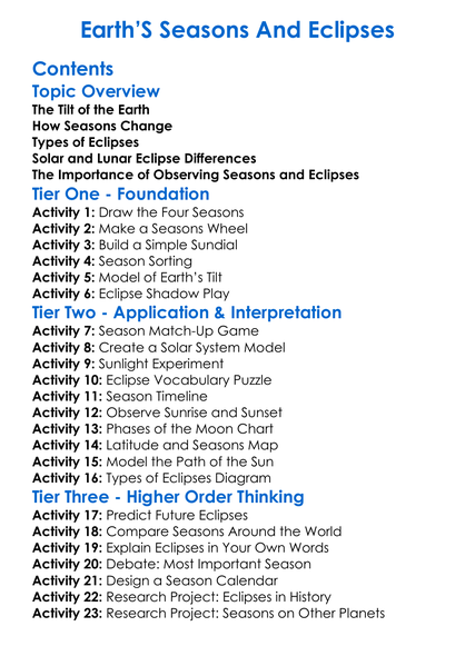 Earths Seasons And Eclipses Worksheet Activity Booklet