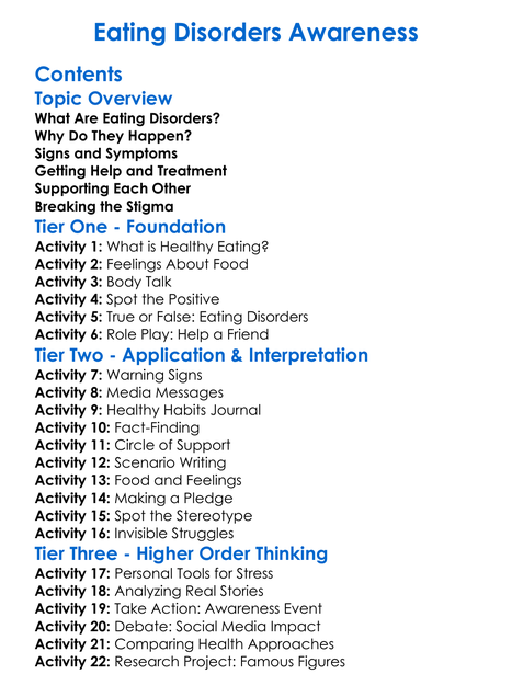 Eating Disorders Awareness Worksheet Activity Booklet