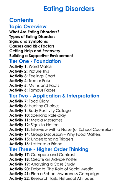 Eating Disorders Worksheet Activity Booklet