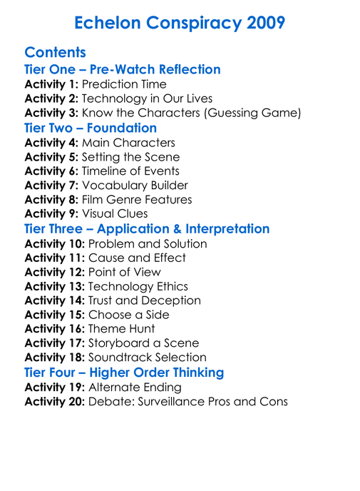 Echelon Conspiracy 2009 Worksheet Activity Booklet