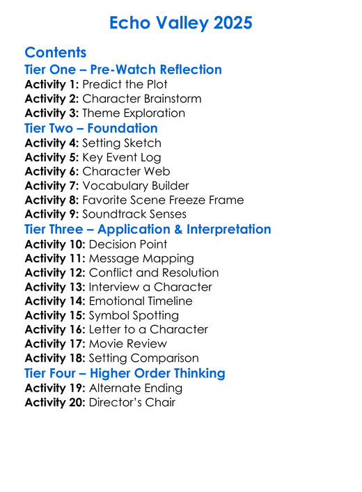 Echo Valley 2025 Worksheet Activity Booklet