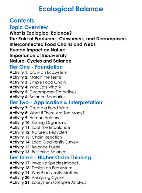 Ecological Balance Worksheet Activity Booklet
