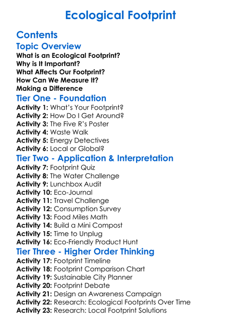 Ecological Footprint Worksheet Activity Booklet