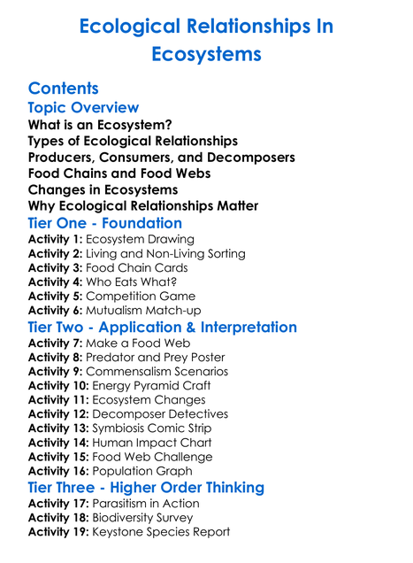 Ecological Relationships In Ecosystems Worksheet Activity Booklet
