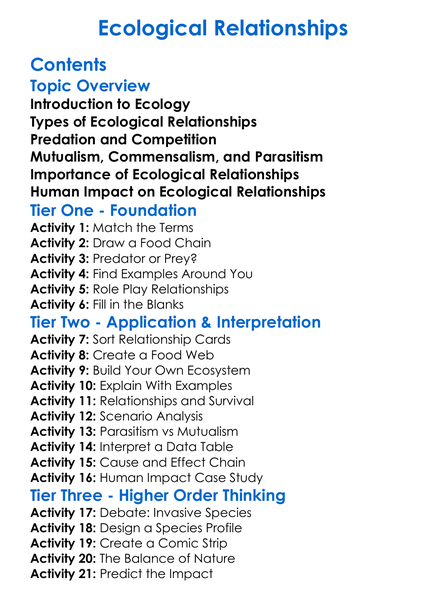 Ecological Relationships Worksheet Activity Booklet