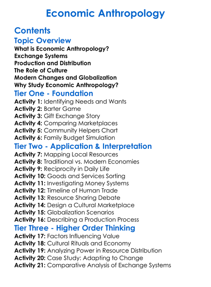 Economic Anthropology Worksheet Activity Booklet