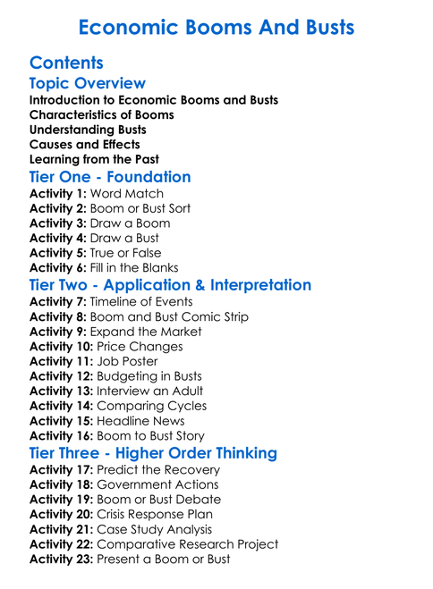 Economic Booms And Busts Worksheet Activity Booklet