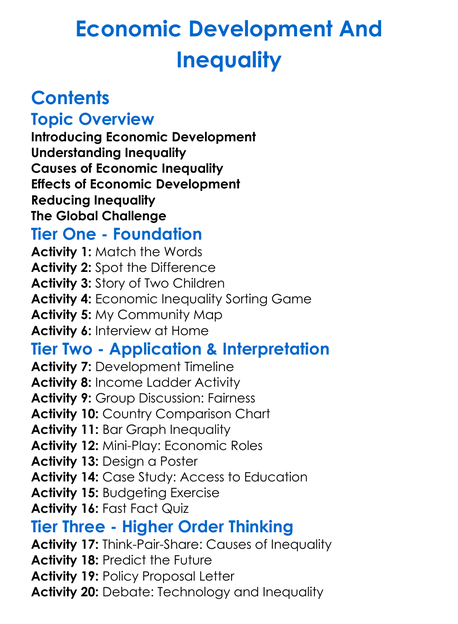 Economic Development And Inequality Worksheet Activity Booklet