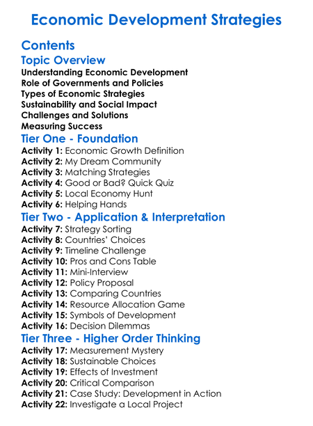 Economic Development Strategies Worksheet Activity Booklet
