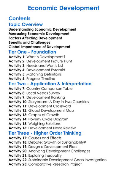 Economic Development Worksheet Activity Booklet