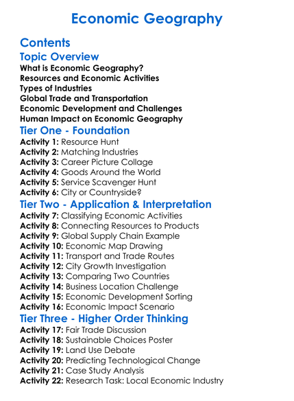 Economic Geography Worksheet Activity Booklet