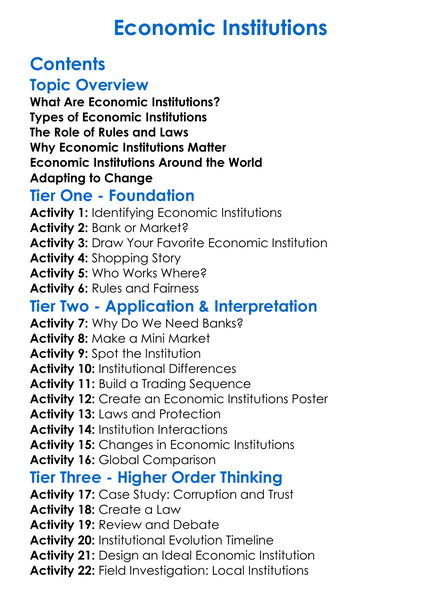 Economic Institutions Worksheet Activity Booklet
