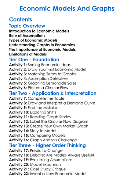 Economic Models And Graphs Worksheet Activity Booklet