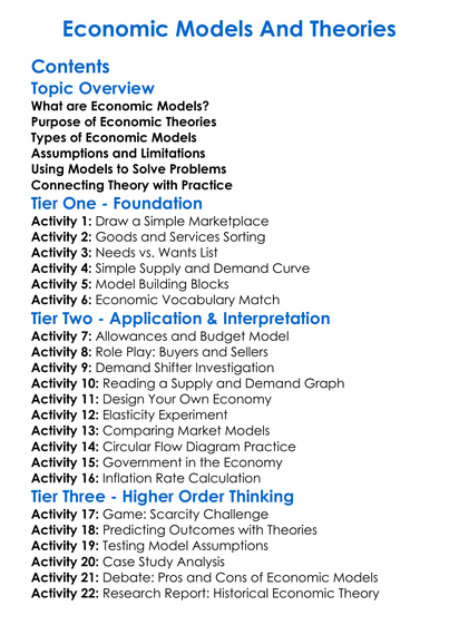 Economic Models And Theories Worksheet Activity Booklet