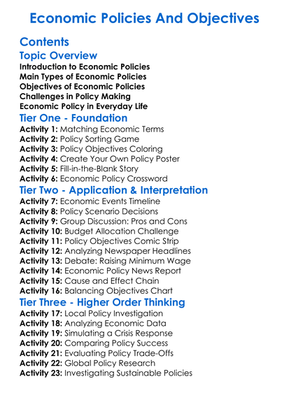 Economic Policies And Objectives Worksheet Activity Booklet