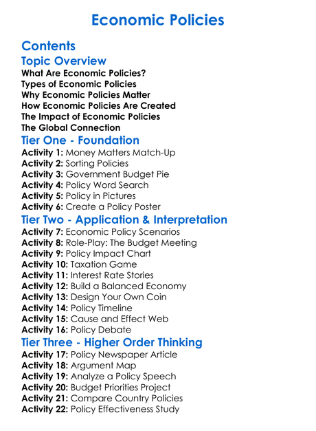 Economic Policies Worksheet Activity Booklet