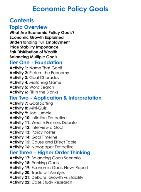 Economic Policy Goals Worksheet Activity Booklet