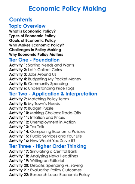 Economic Policy Making Worksheet Activity Booklet