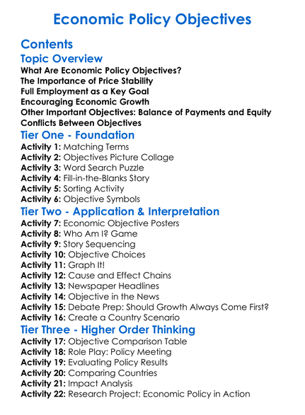 Economic Policy Objectives Worksheet Activity Booklet