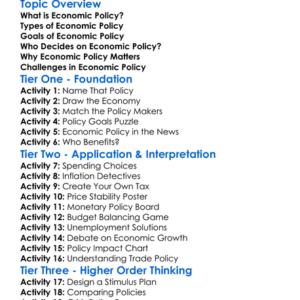 Economic Policy Worksheet Activity Booklet