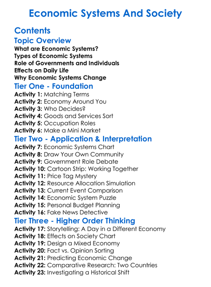 Economic Systems And Society Worksheet Activity Booklet