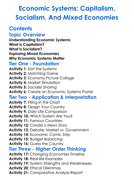 Economic Systems Capitalism Socialism And Mixed Economies Worksheet Activity Booklet