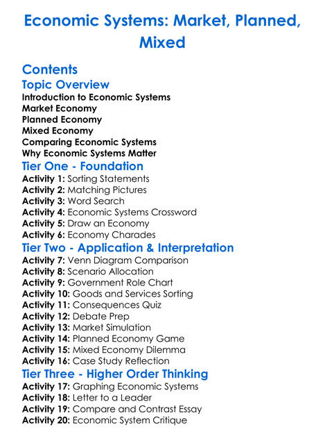 Economic Systems Market Planned Mixed Worksheet Activity Booklet
