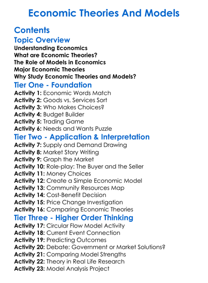 Economic Theories And Models Worksheet Activity Booklet