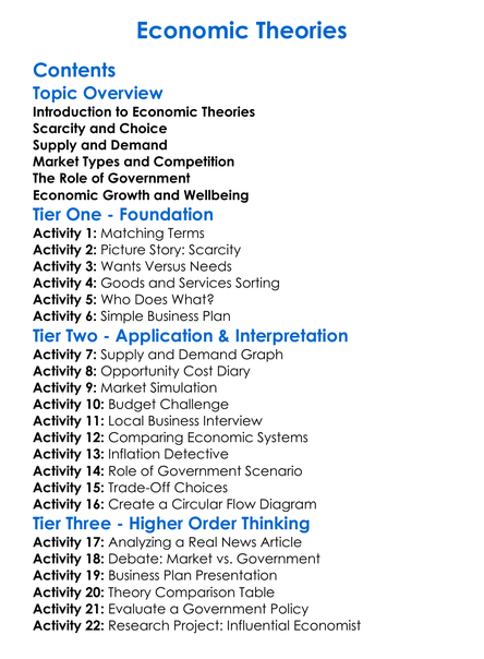 Economic Theories Worksheet Activity Booklet