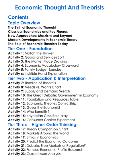 Economic Thought And Theorists Worksheet Activity Booklet