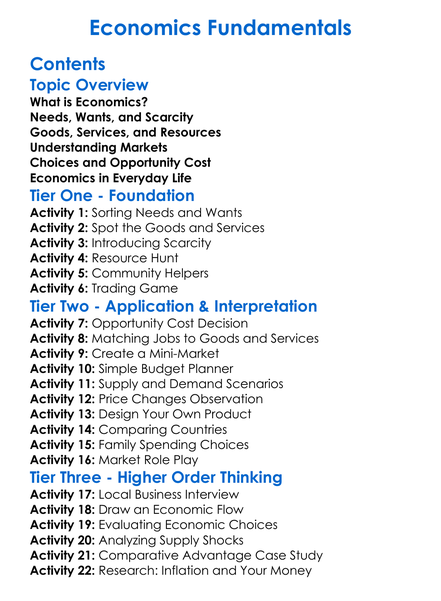 Economics Fundamentals Worksheet Activity Booklet