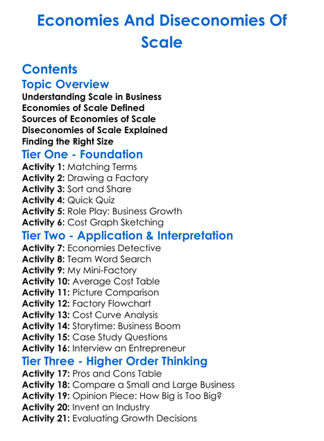 Economies And Diseconomies Of Scale Worksheet Activity Booklet