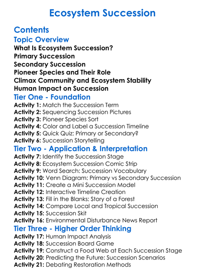 Ecosystem Succession Worksheet Activity Booklet