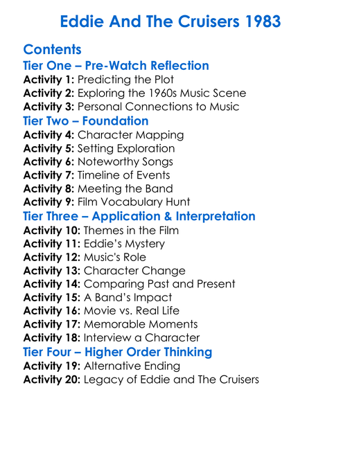 Eddie And The Cruisers 1983 Worksheet Activity Booklet