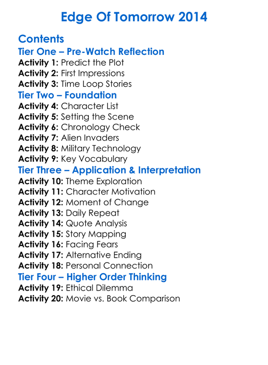 Edge Of Tomorrow 2014 Worksheet Activity Booklet