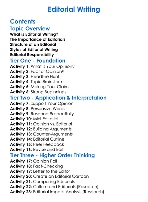 Editorial Writing Worksheet Activity Booklet