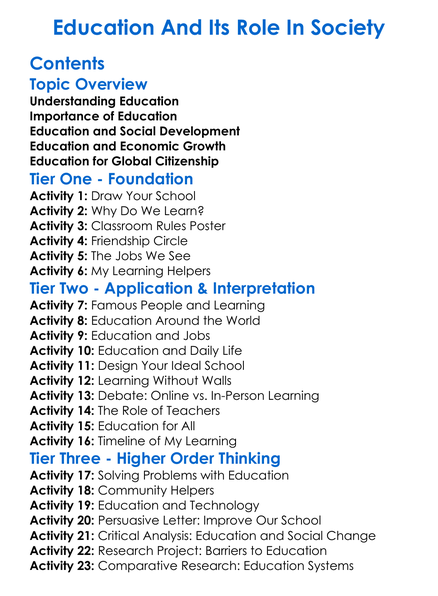 Education And Its Role In Society Worksheet Activity Booklet