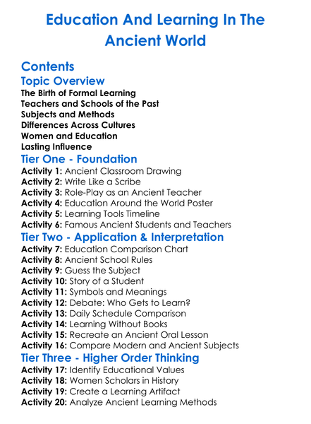 Education And Learning In The Ancient World Worksheet Activity Booklet