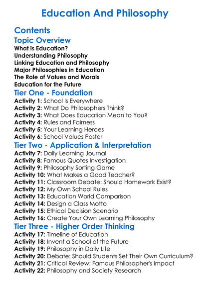 Education And Philosophy Worksheet Activity Booklet