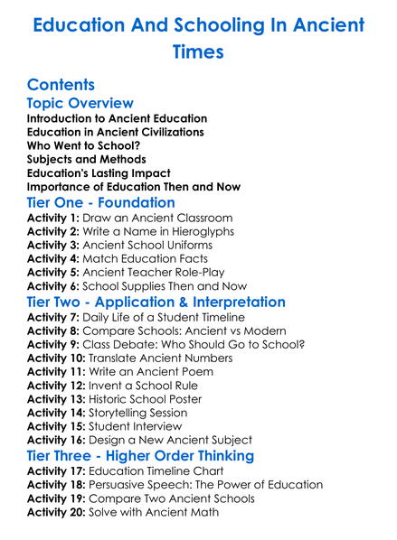 Education And Schooling In Ancient Times Worksheet Activity Booklet