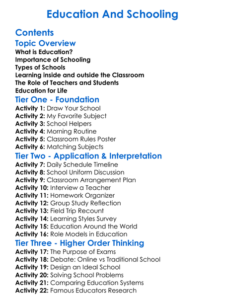 Education And Schooling Worksheet Activity Booklet