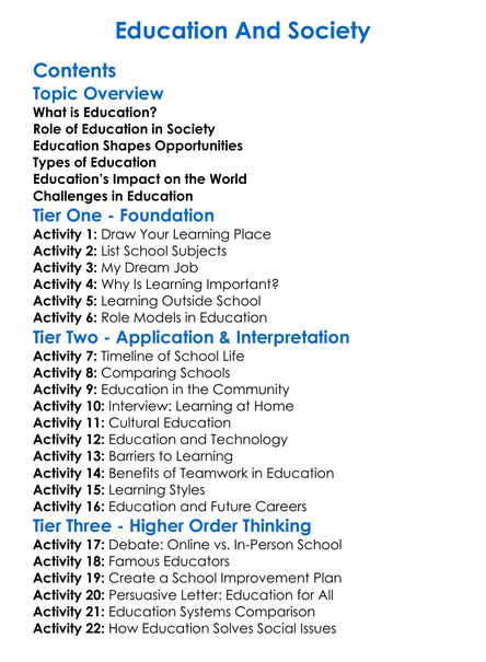 Education And Society Worksheet Activity Booklet
