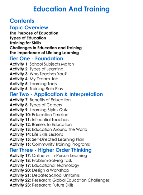 Education And Training Worksheet Activity Booklet