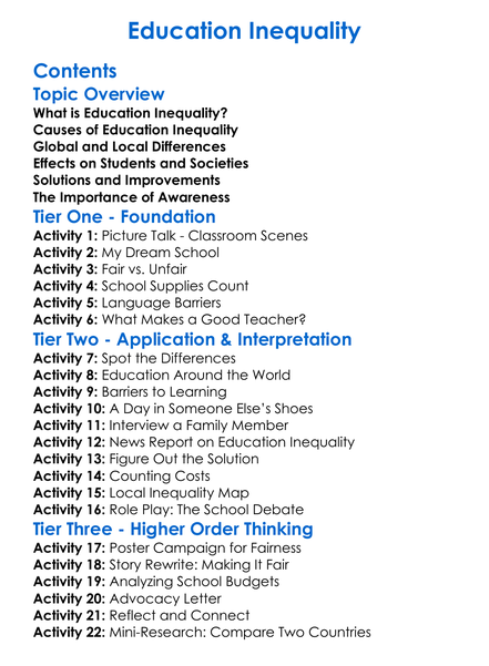 Education Inequality Worksheet Activity Booklet