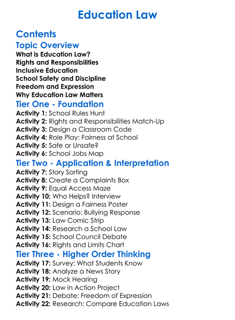 Education Law Worksheet Activity Booklet