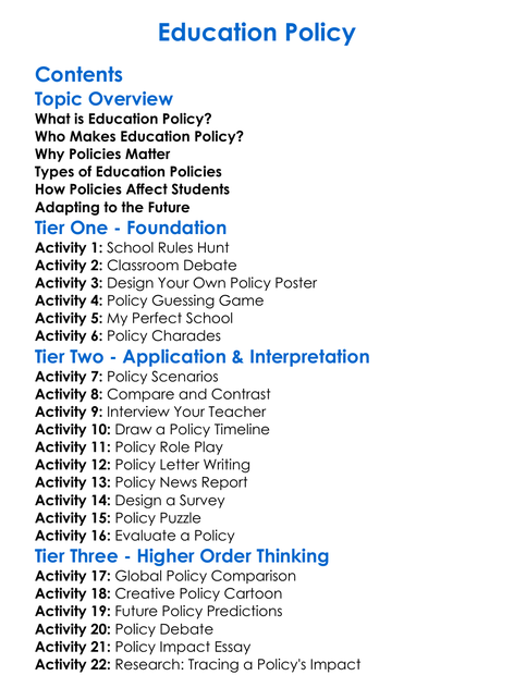 Education Policy Worksheet Activity Booklet