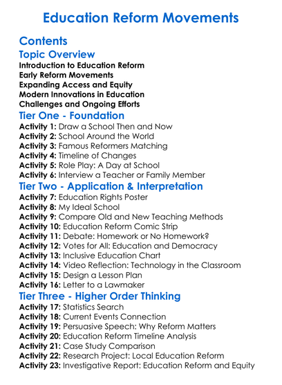 Education Reform Movements Worksheet Activity Booklet