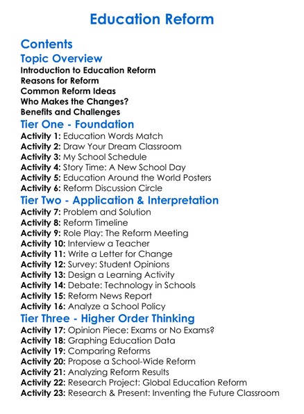 Education Reform Worksheet Activity Booklet